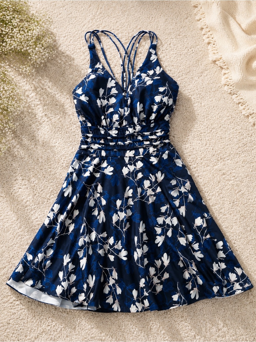 Navy Floral One-Piece Swim Dress with Strappy Back
